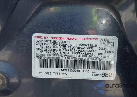 2009 Mitsubishi Outlander Xls z USA, uszkodzony, nr VIN JA4MS41X39Z013682